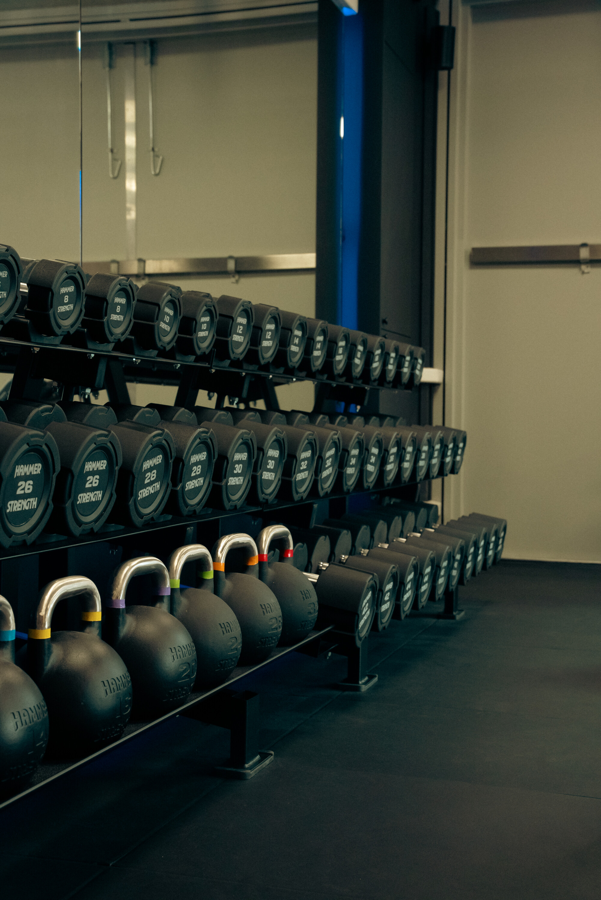 Dumbbells en kettlebells in de trainingsruimte van The Strength Club Dumbbells en kettlebells in de trainingsruimte van The Strength Club